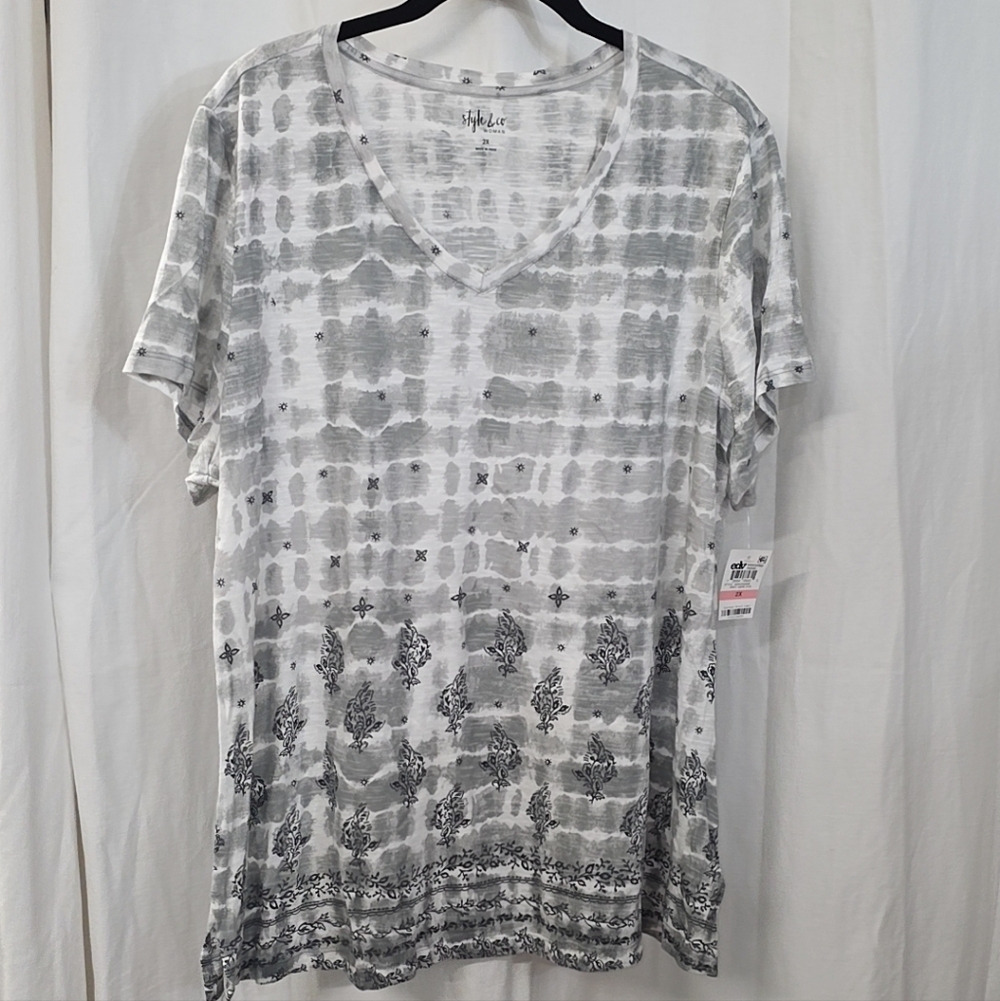 Style Co 1x 2x Casual Boho Gray White Tie-Dye Graphic V Neck Short T Shirt Top